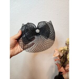 Black Tulle Bow Fascinator Veil‎ Rhinestone Hair Clip Women Elegant Accessory